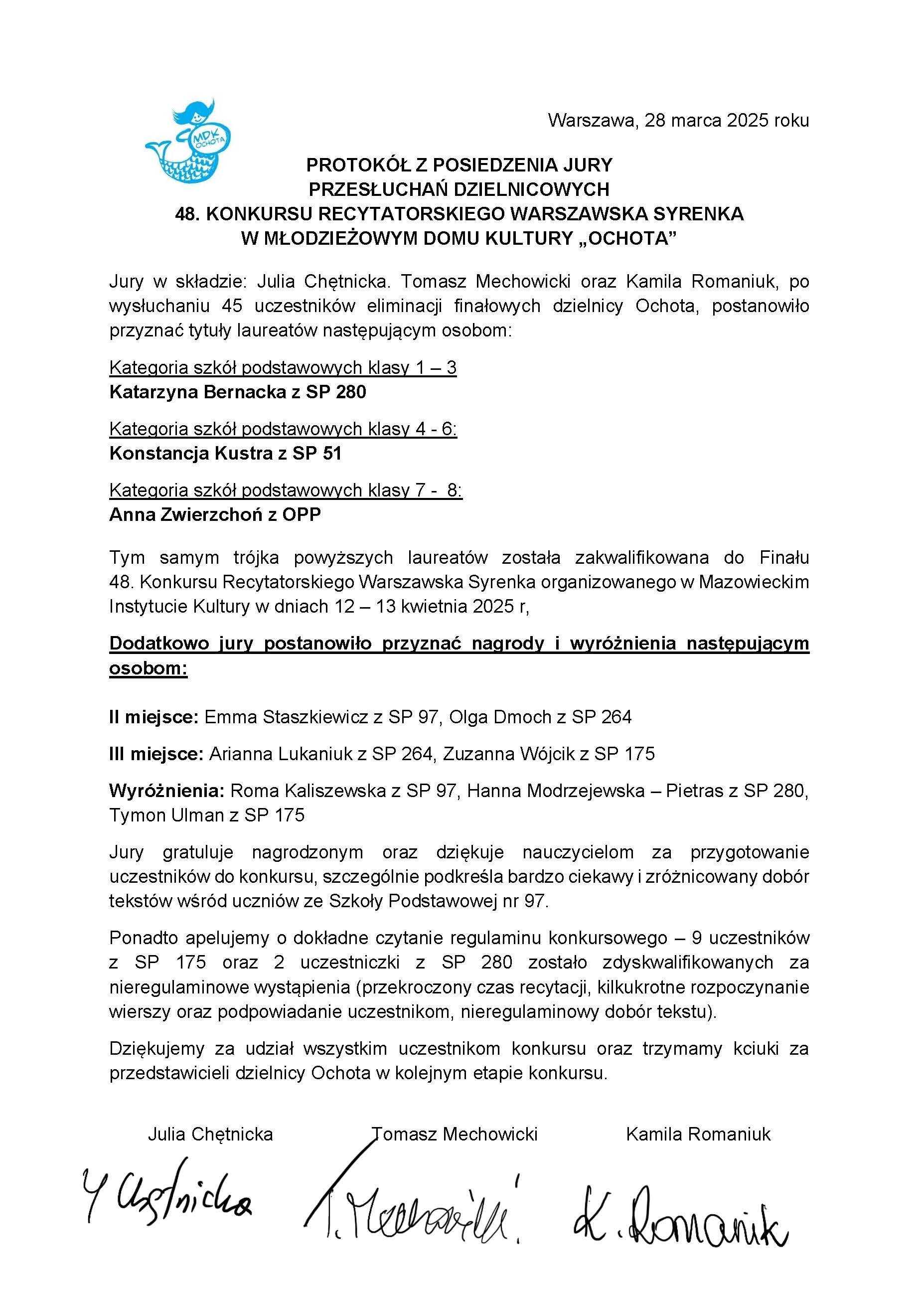48. Konkursu Recytatorskiego Warszawska Syrenka - protokół z przeszłuchań