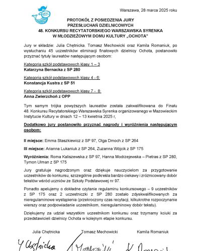 48. Konkursu Recytatorskiego Warszawska Syrenka - protokół z przeszłuchań